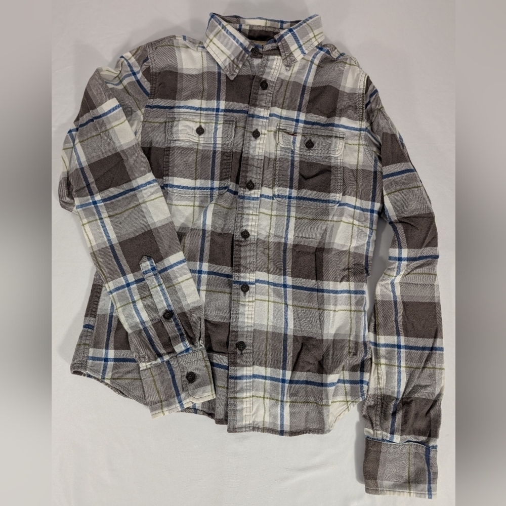Hollister 100% Cotton Men's Flannel Gray, White and Blue Plaid Shirt Size Medium